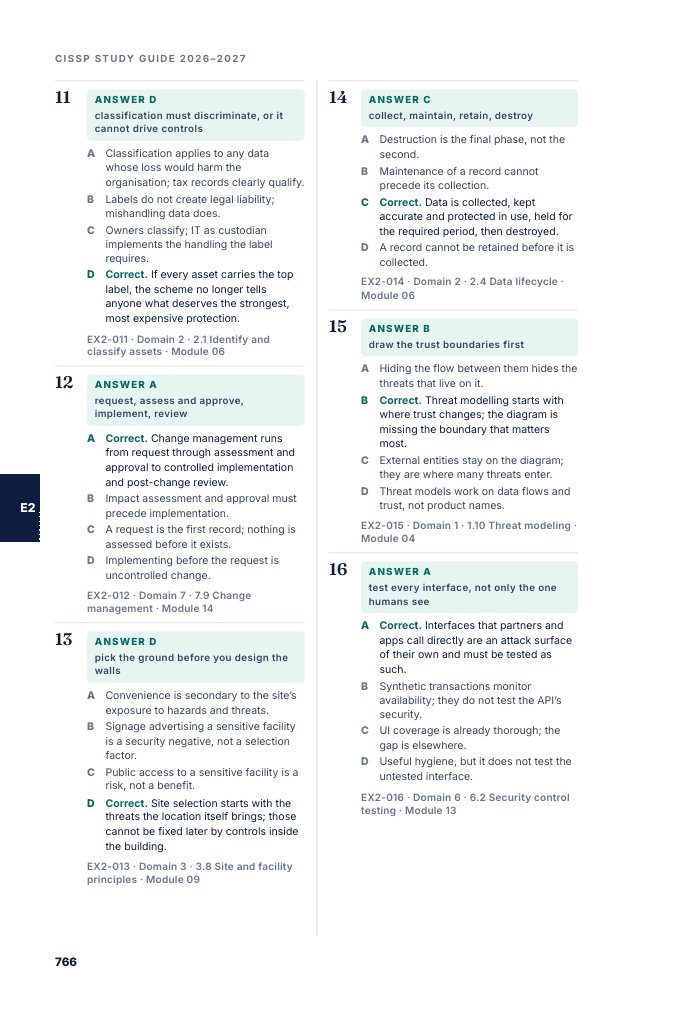 Practice Exam 2 answers page: every option explained and each answer tagged by domain, objective and module