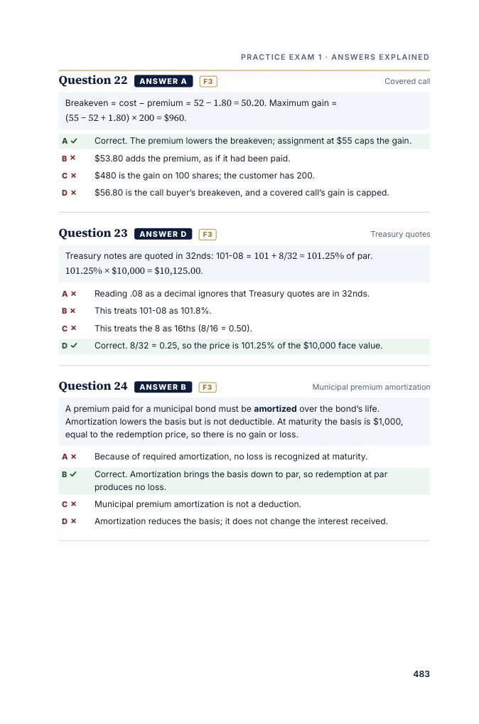 Practice Exam 1 answers page: each answer tagged by FINRA function and explained